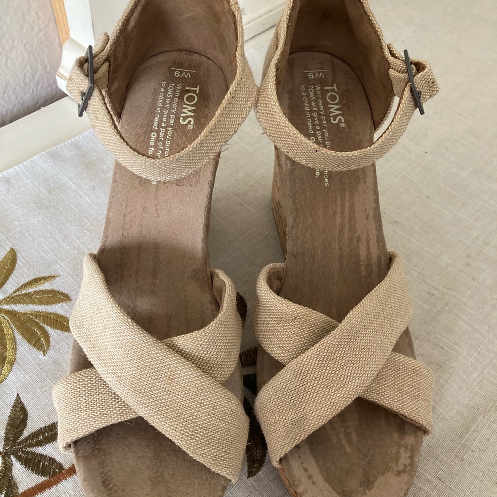 Toms Tan Wedge Shoes with Ankle Strap